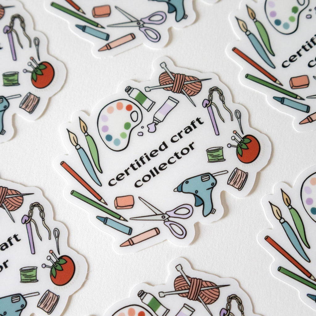 multiple stickers of craft supplies that say "certified craft collector" on a white background