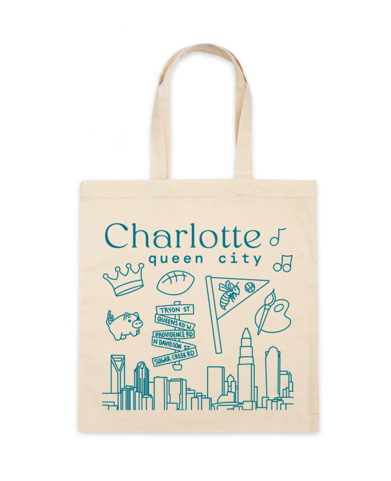 Tote bag with 'Charlotte queen city' text and various icons on a white background
