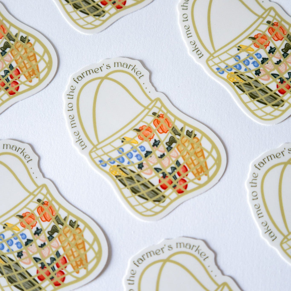 Stickers with floral designs and 'farmer's market' text on a white background