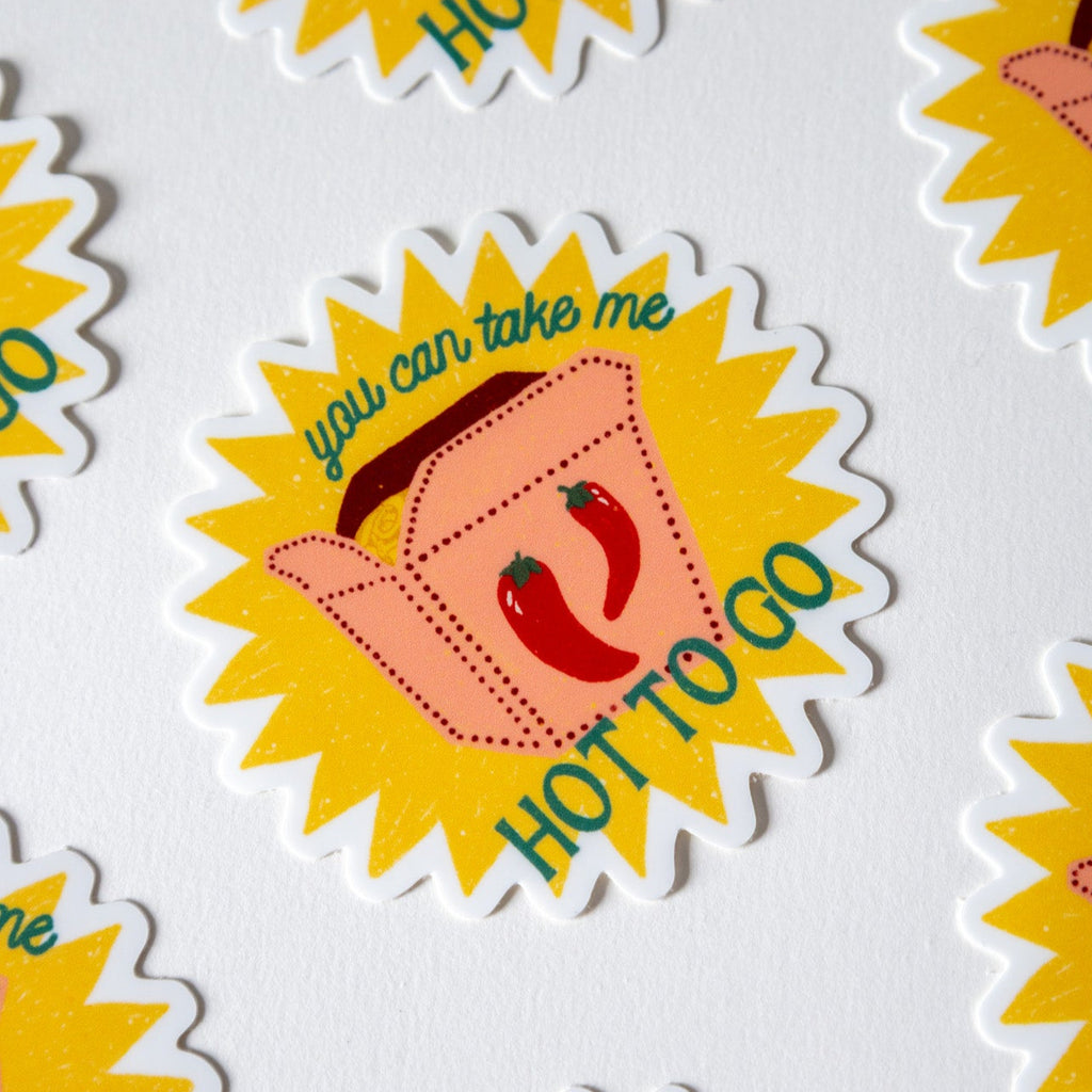 Stickers with a hot to go takeout design and text on a white background