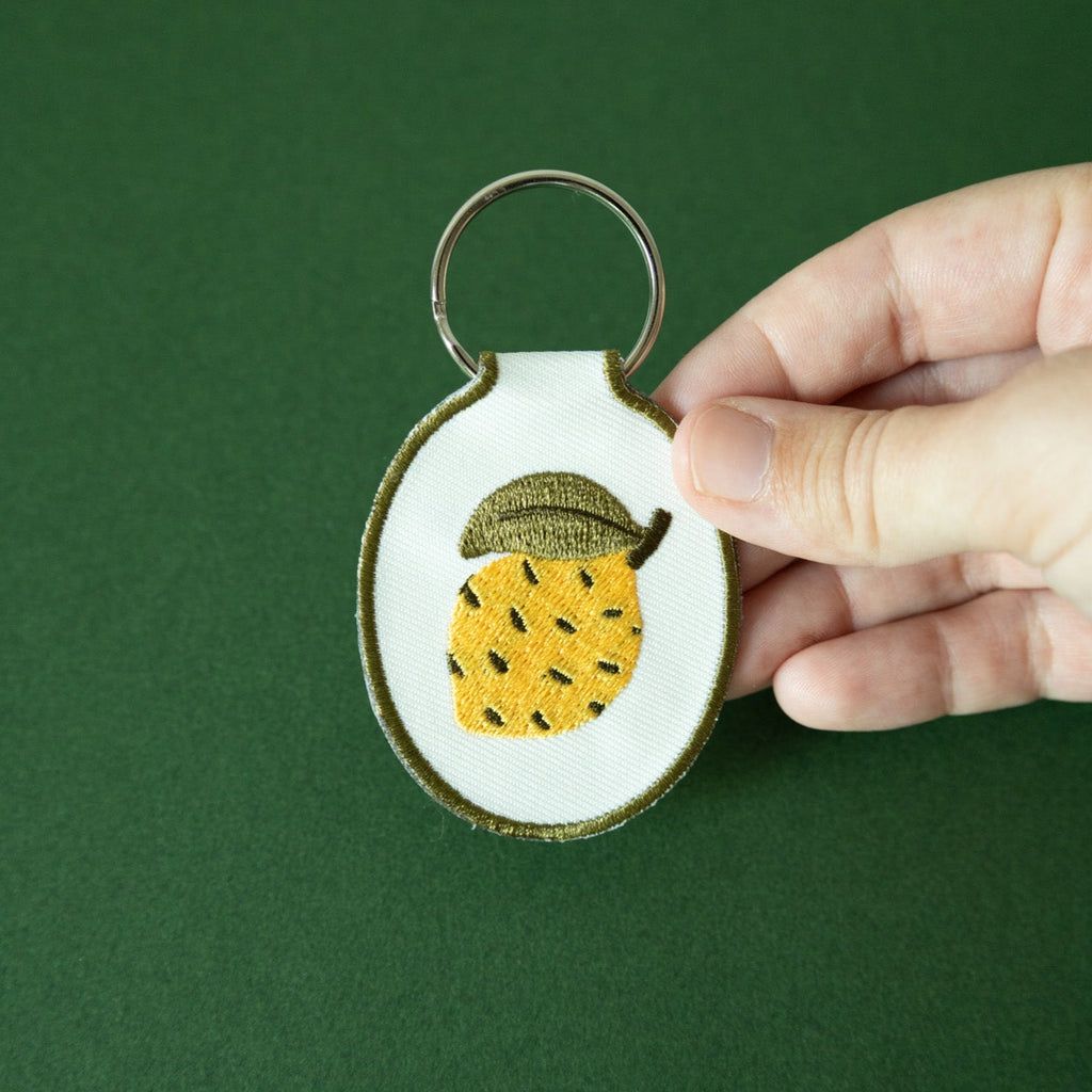 Hand holding a keychain with lemon design against a green background.